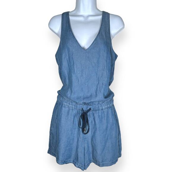 SPLENDID Chambray Romper Vintage Style 90's Y2K Drawstring Small V-Neck Blue - Picture 3 of 11